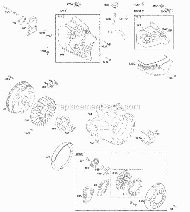 Blower HousingShrouds Flywheel Rewind Starter Diagram and Parts List for 21P214-0126-E1  Briggs and Stratton Engine